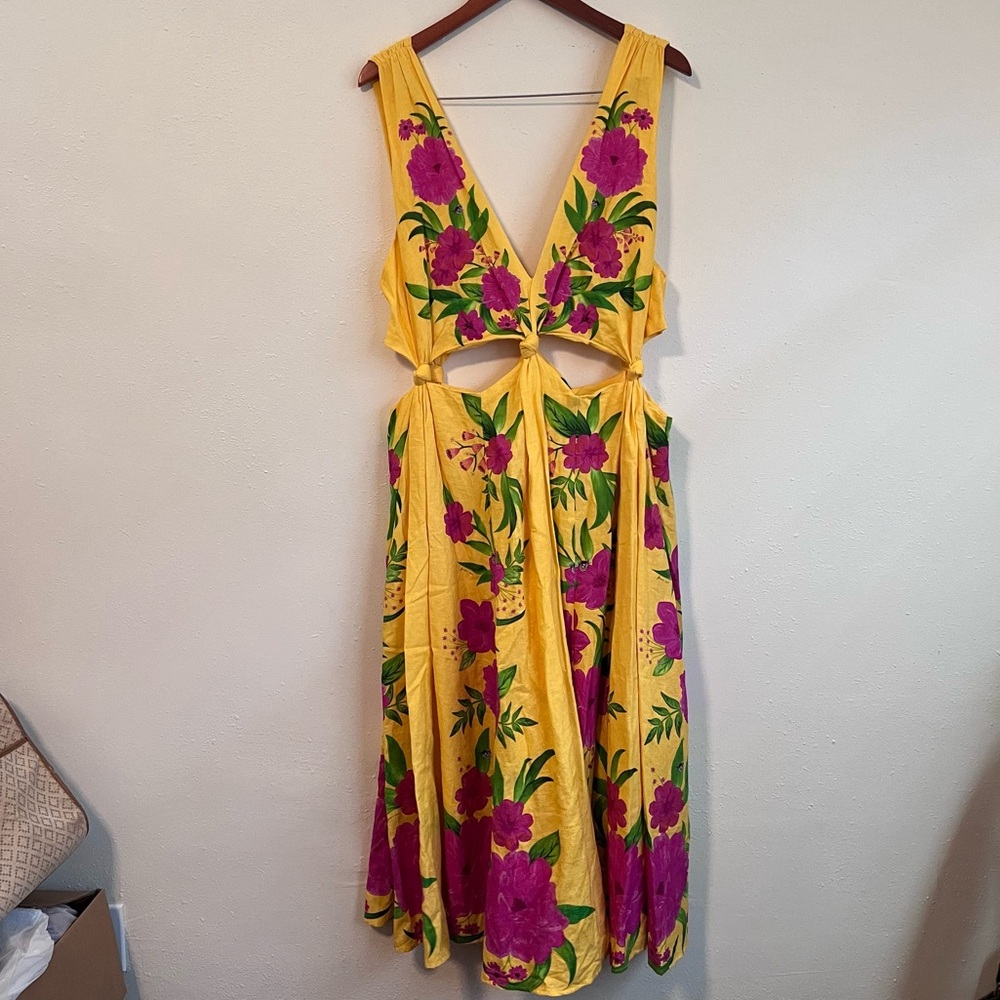 Farm Rio Romantic Garden Yellow & Pink Floral Linen Midi Dress XL